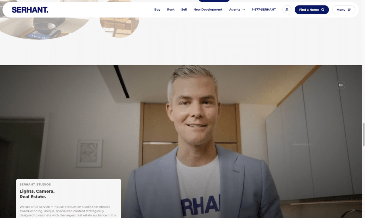 Screenshot of Serhant. website containing image of Ryan Serhant talking to the camera while wearing a Serhant. t-shirt and light blue jacket.